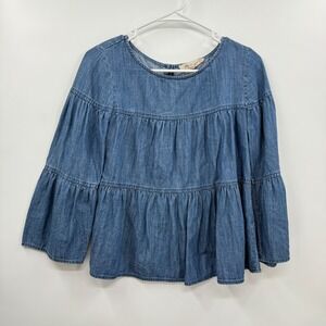 Madewell Womens Blue‎ Denim Tiered Bell Sleeve Button Back Top